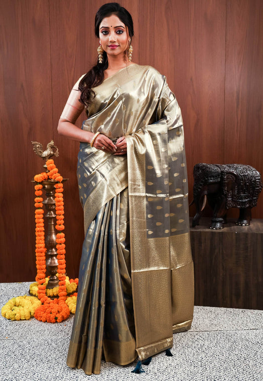 Grey Tissue Silk Saree With Blouse Piece - Adi Akshoy & Co.
