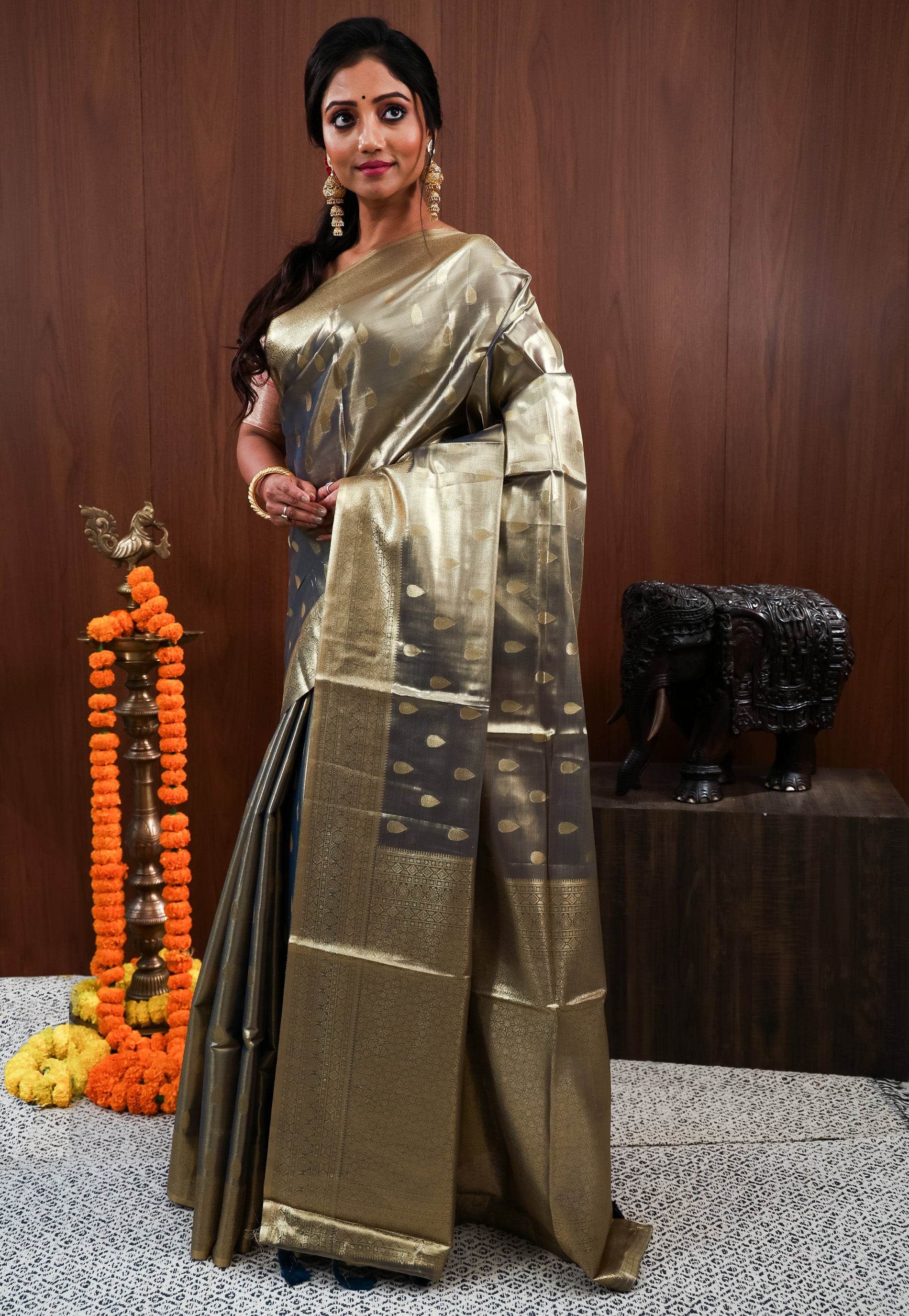 Grey Tissue Silk Saree With Blouse Piece - Adi Akshoy & Co.