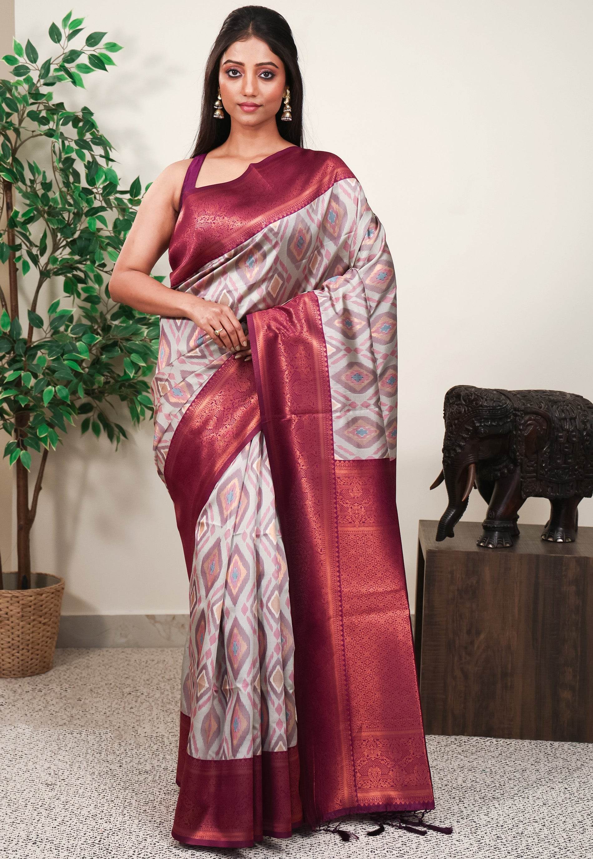 Grey with Magenta Border Ikkat Saree With Blouse Piece - Adi Akshoy & Co.