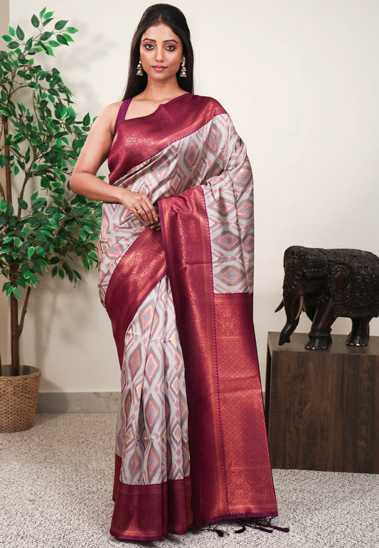 Grey with Magenta Border Ikkat Saree With Blouse Piece - Adi Akshoy & Co.