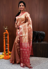 Rust Tissue Silk Saree With Blouse Piece - Adi Akshoy & Co.