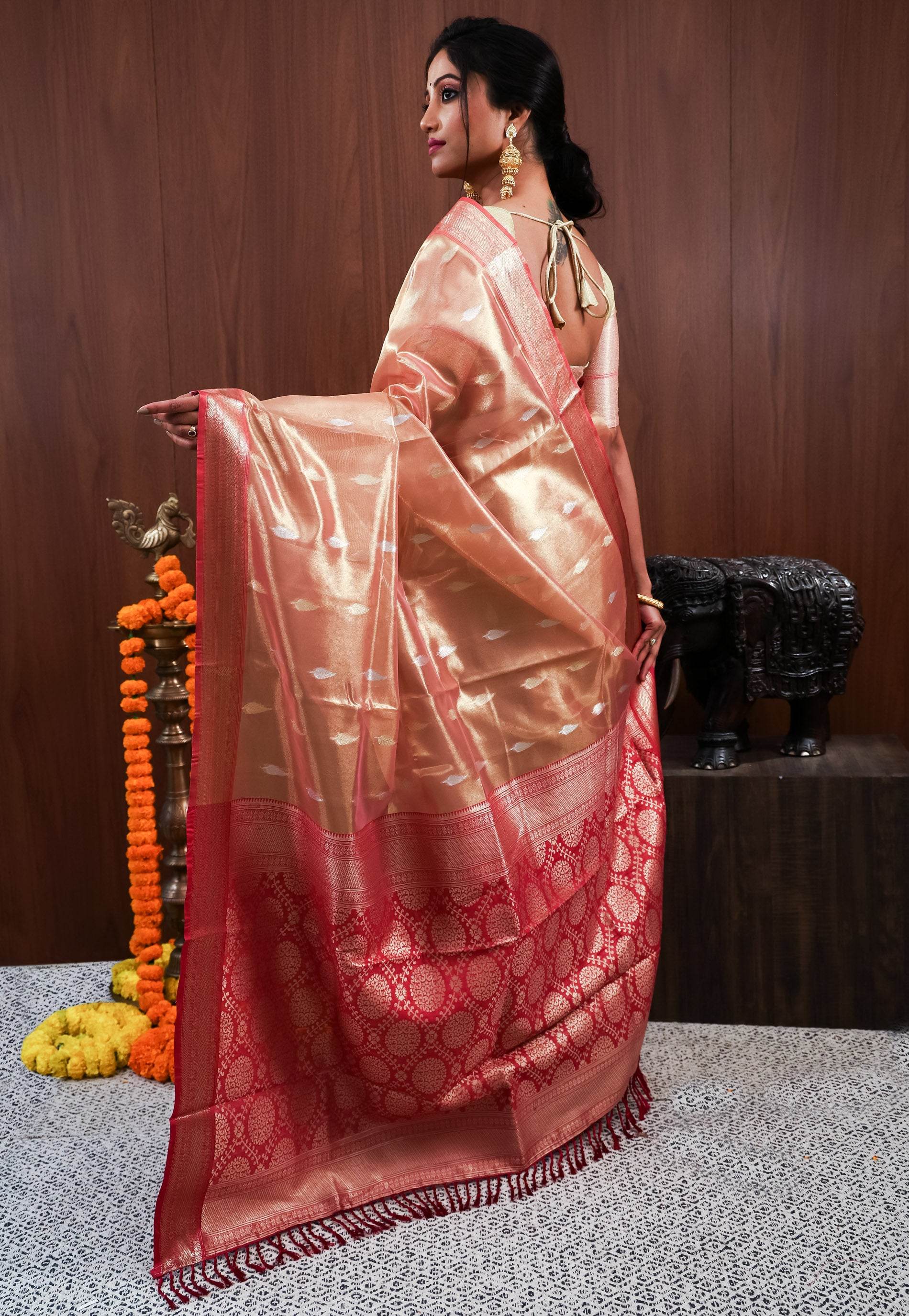 Rust Tissue Silk Saree With Blouse Piece - Adi Akshoy & Co.