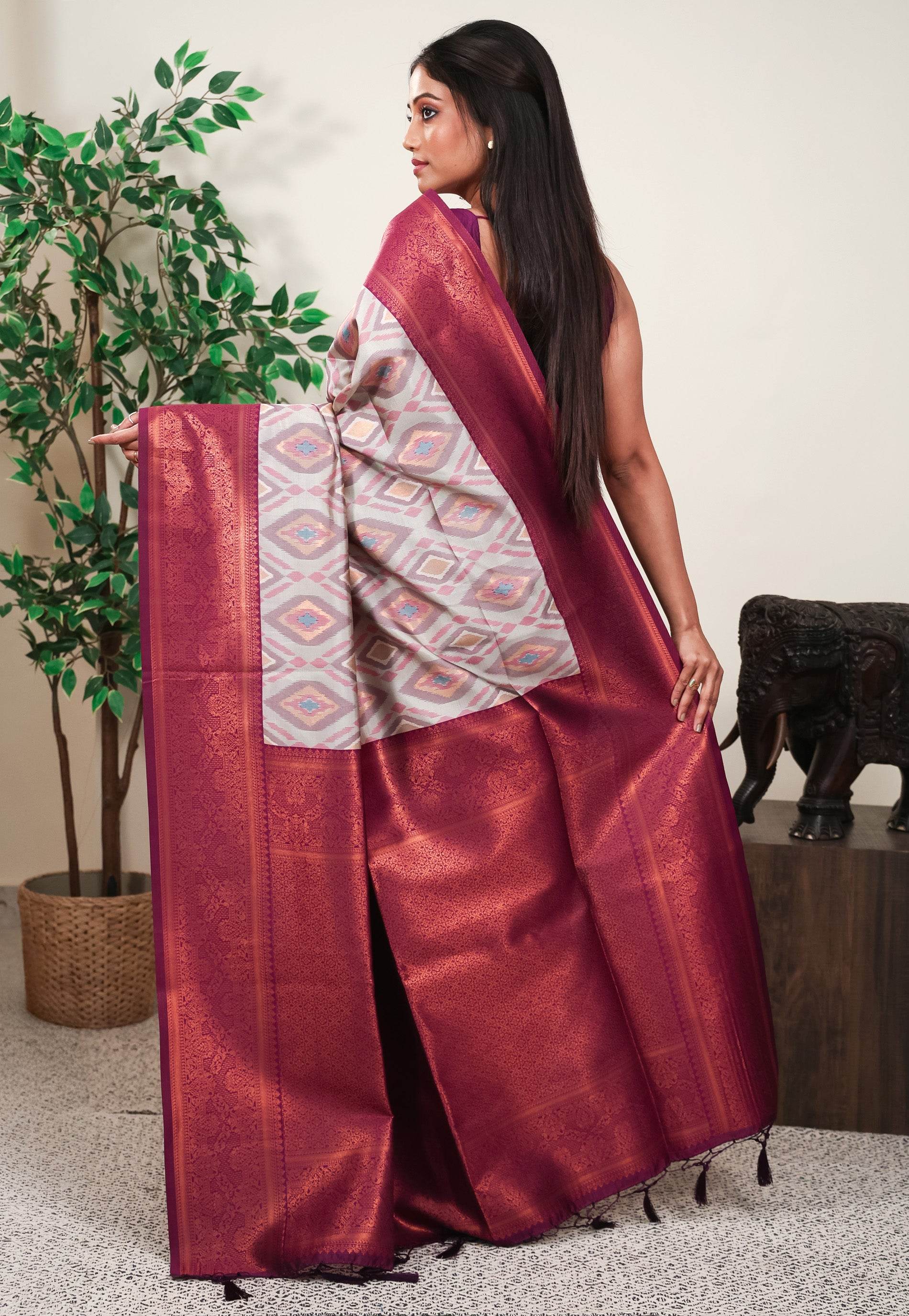 Grey with Magenta Border Ikkat Saree With Blouse Piece - Adi Akshoy & Co.