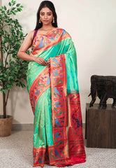 Sea Green with Red Border Paithani Pure Silk Saree With Blouse Piece - Adi Akshoy & Co.