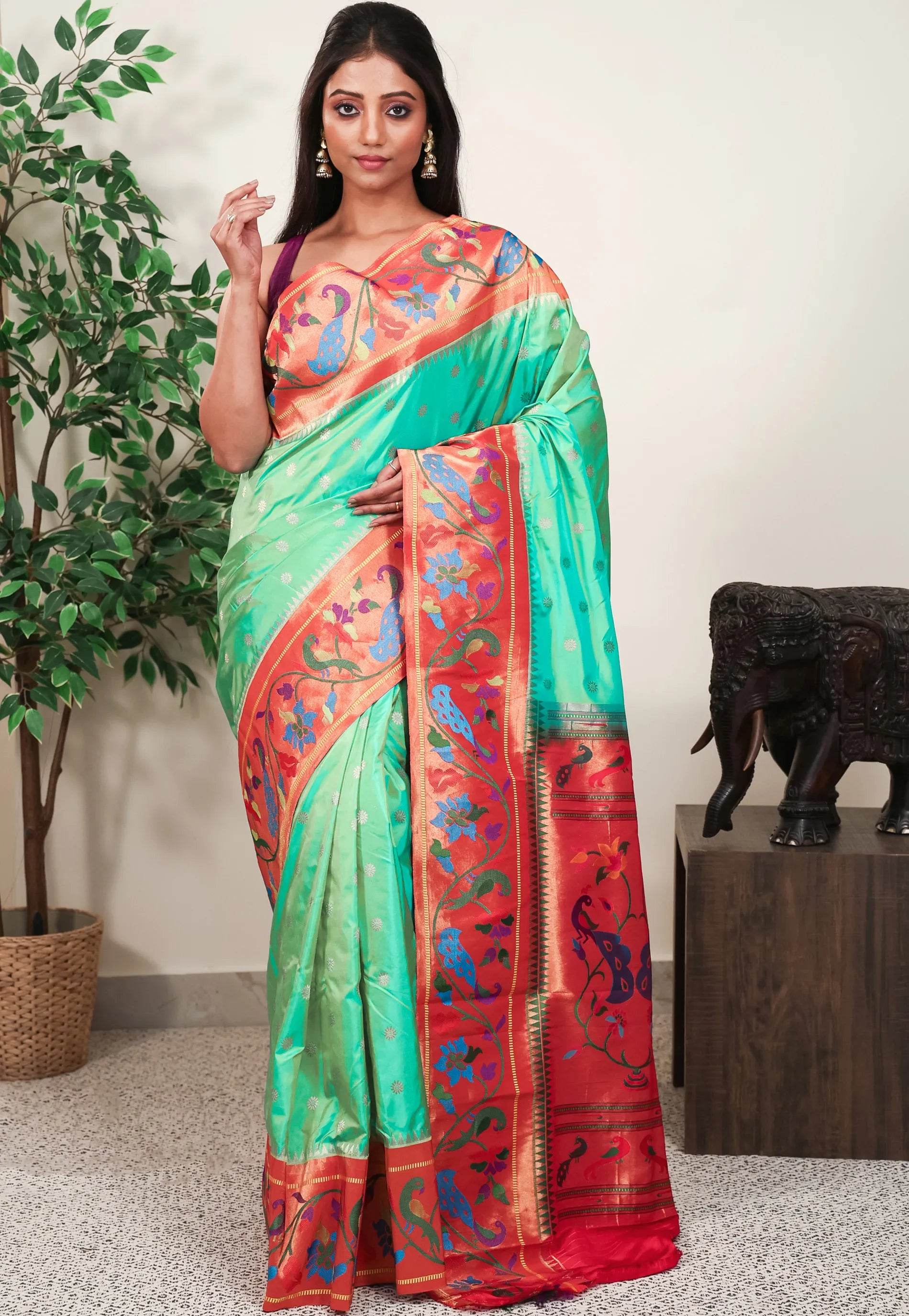 Sea Green with Red Border Paithani Pure Silk Saree With Blouse Piece - Adi Akshoy & Co.