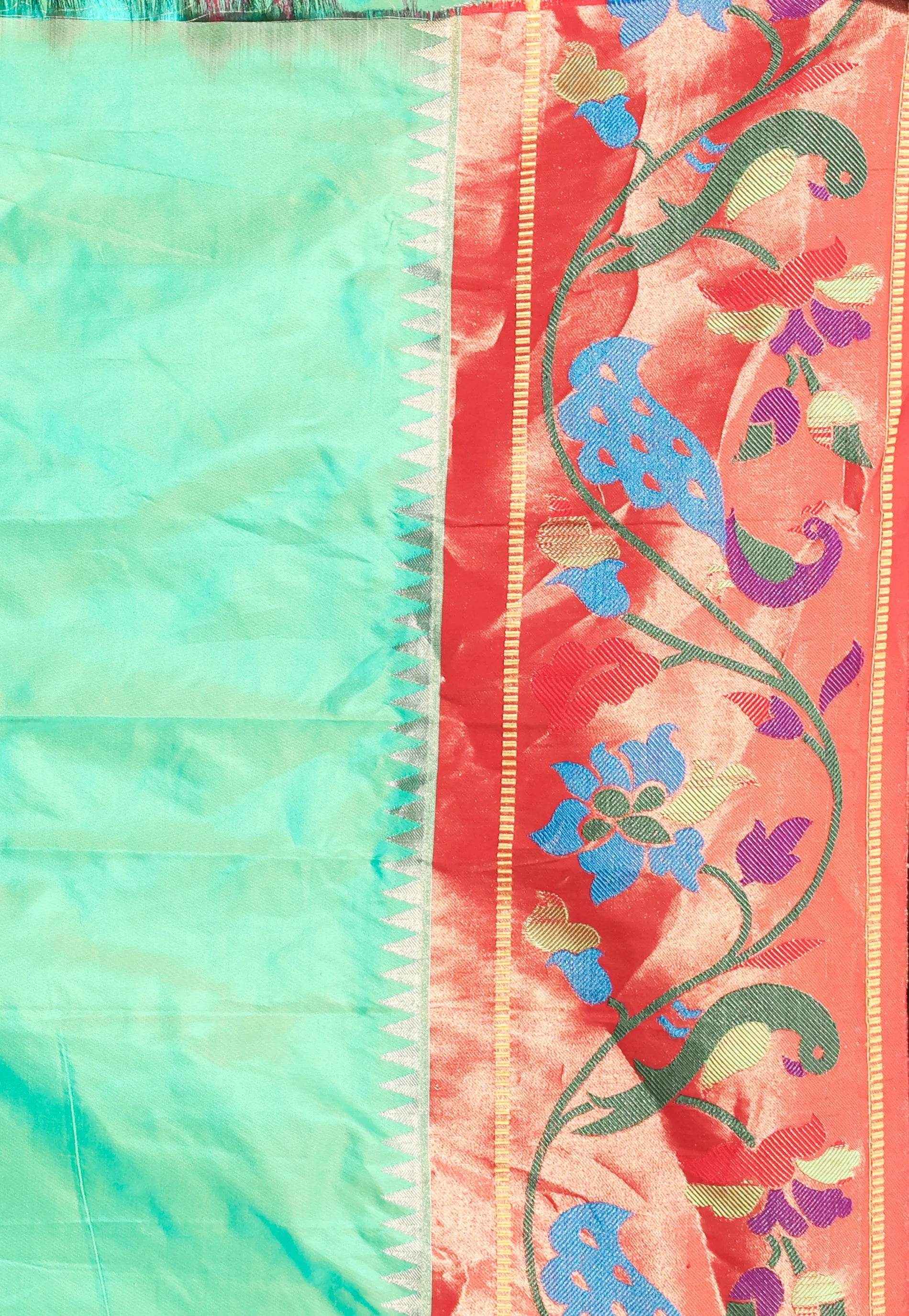 Sea Green with Red Border Paithani Pure Silk Saree With Blouse Piece - Adi Akshoy & Co.
