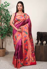 Magenta with Red Border Paithani Pure Silk Saree With Blouse Piece - Adi Akshoy & Co.