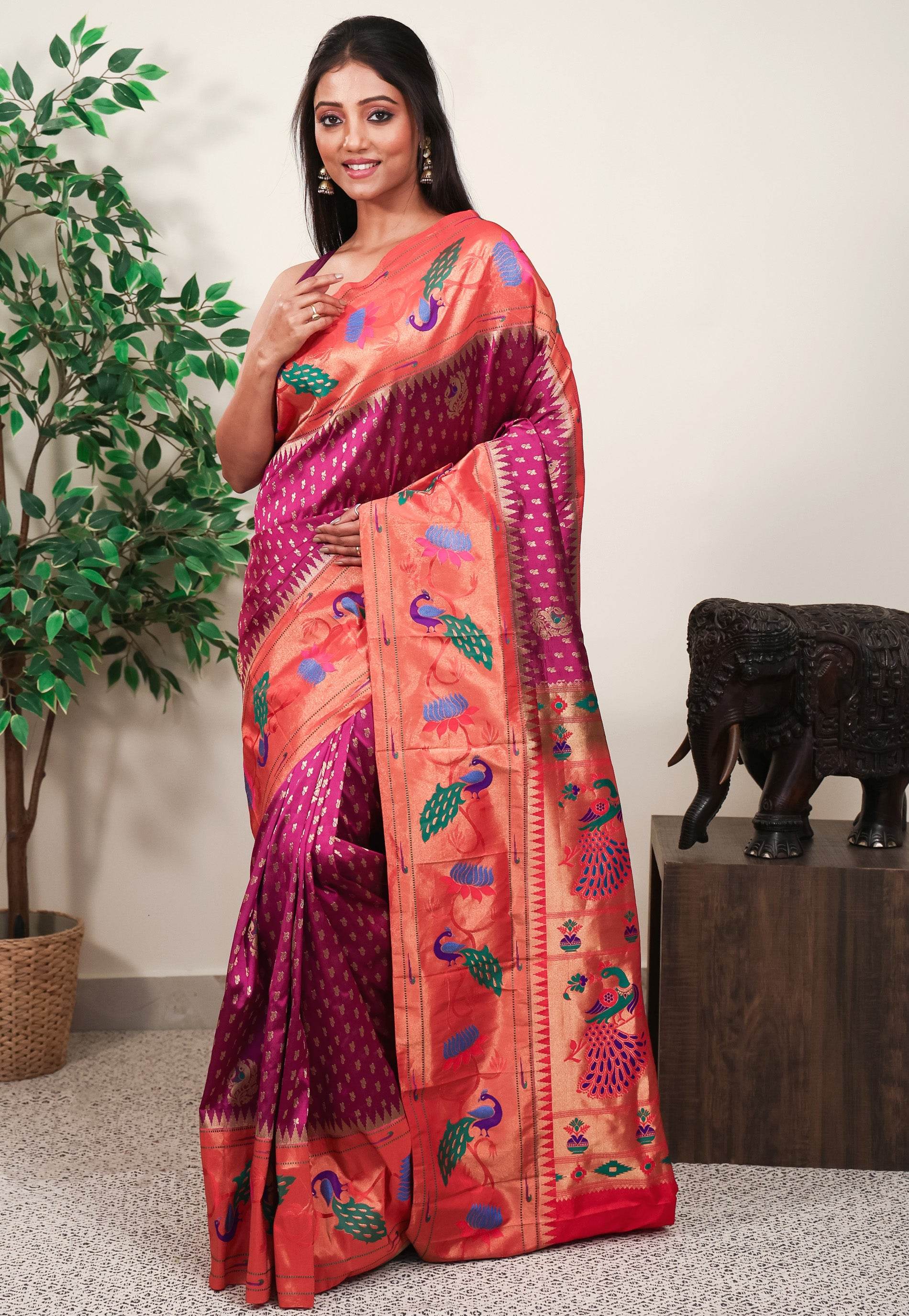 Magenta with Red Border Paithani Pure Silk Saree With Blouse Piece - Adi Akshoy & Co.