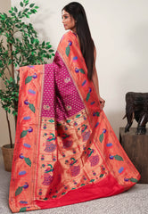 Magenta with Red Border Paithani Pure Silk Saree With Blouse Piece - Adi Akshoy & Co.