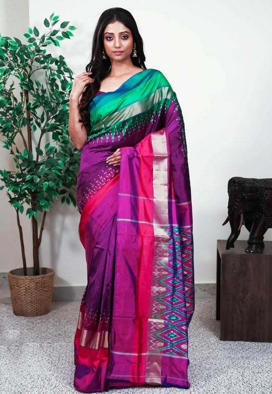 Purple with Ganga-Jamuna Border (Green and Rani Pink) Handloom Ikkat Saree With Blouse Piece - Adi Akshoy & Co.