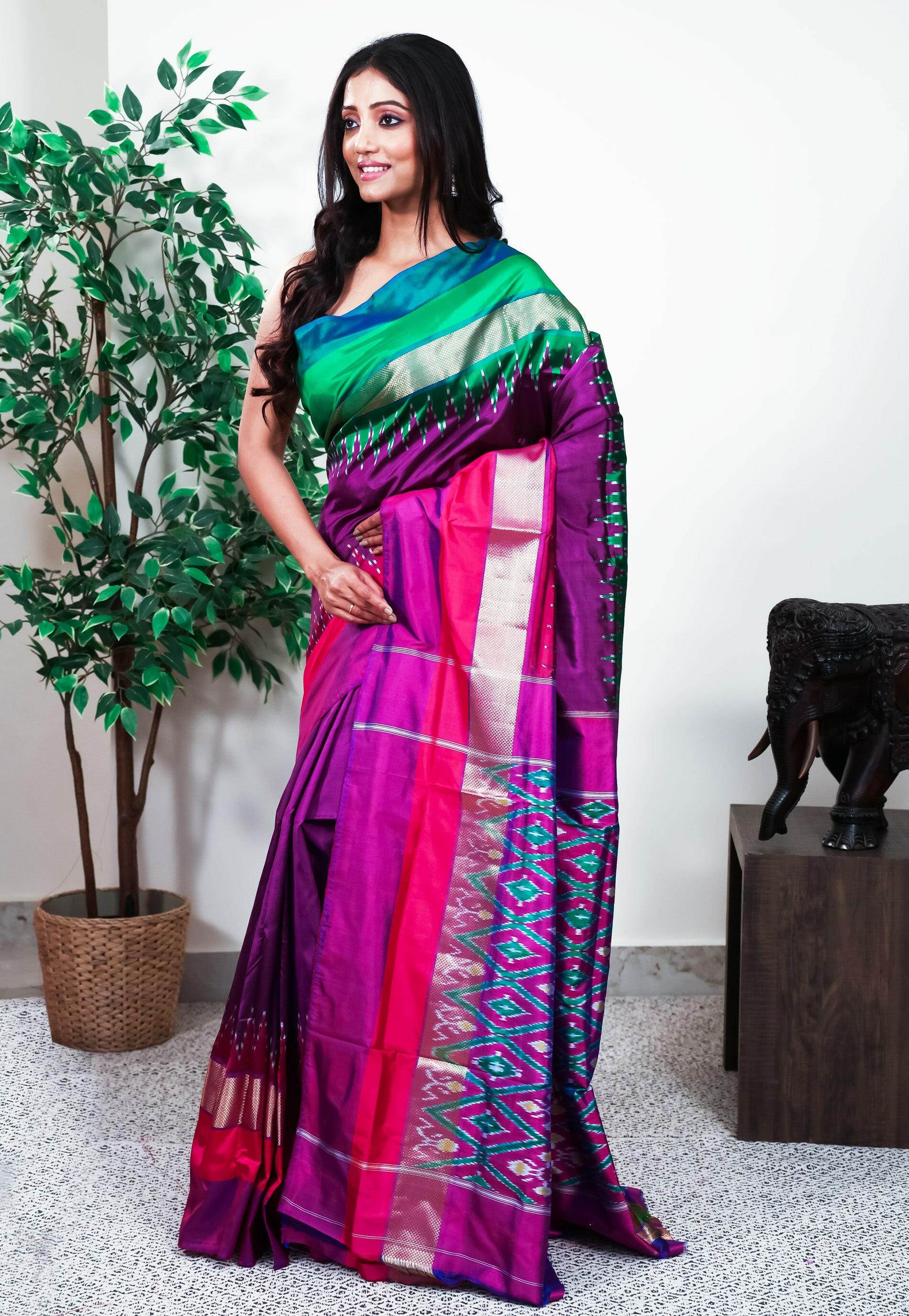 Purple with Ganga-Jamuna Border (Green and Rani Pink) Handloom Ikkat Saree With Blouse Piece - Adi Akshoy & Co.