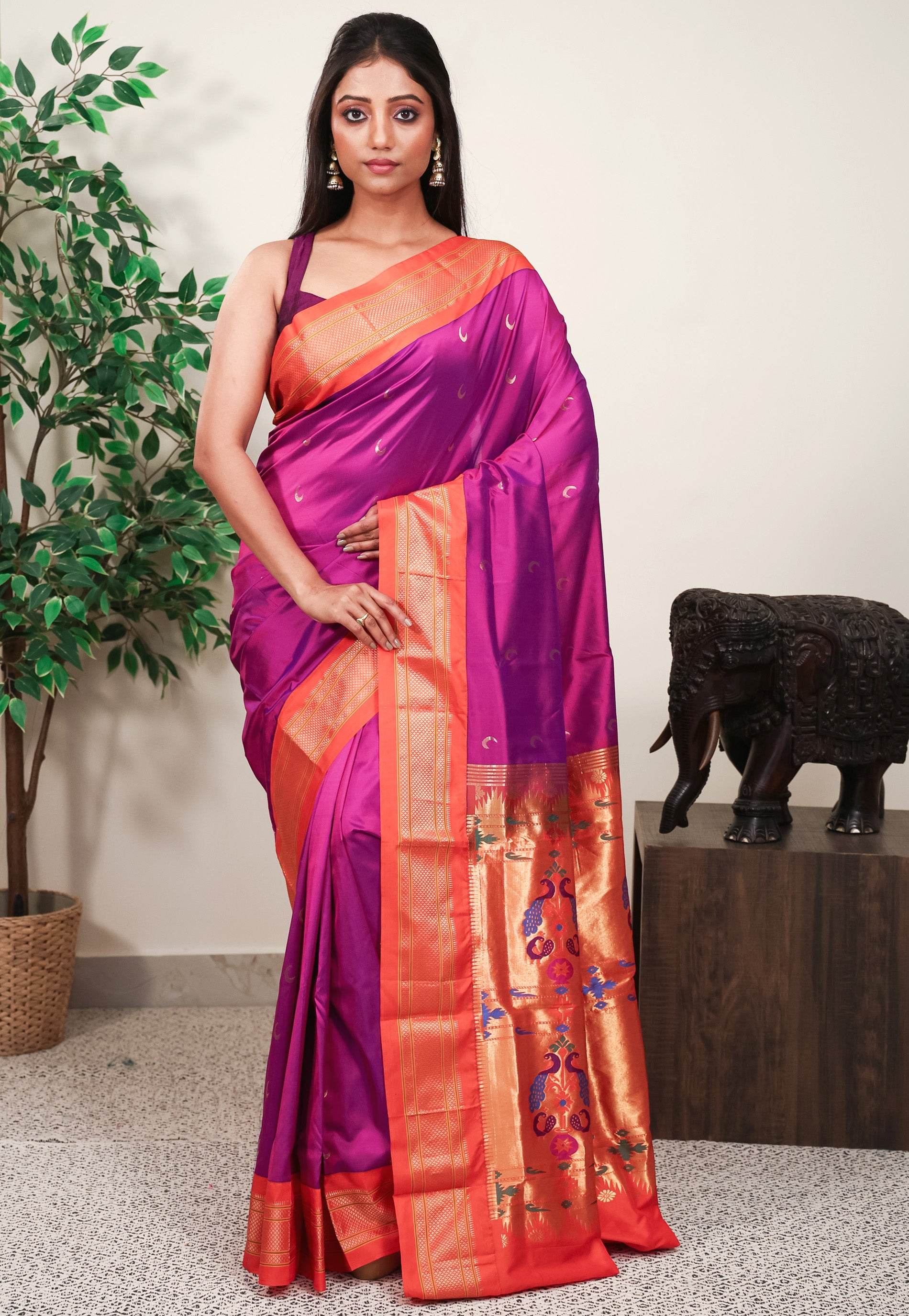 Magenta with Orange Border Paithani Pure Silk Saree With Blouse Piece - Adi Akshoy & Co.