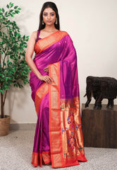Magenta with Orange Border Paithani Pure Silk Saree With Blouse Piece - Adi Akshoy & Co.