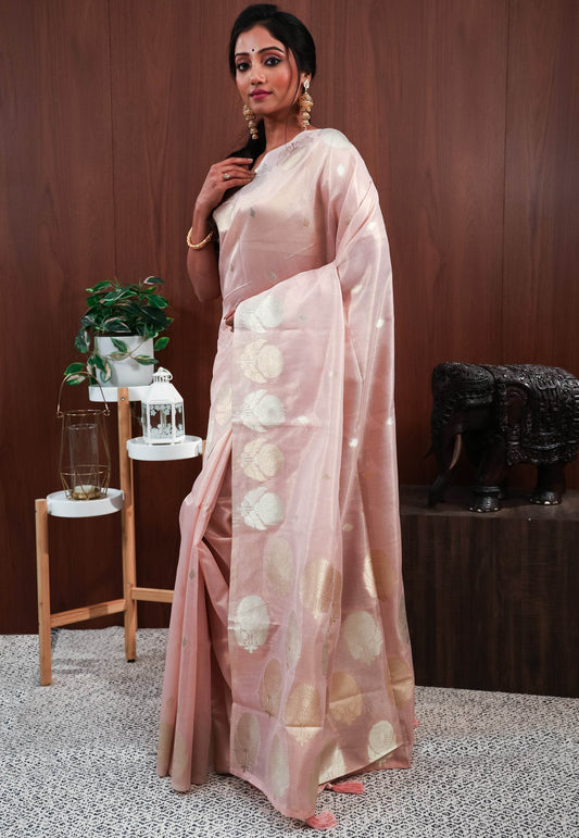 Pink Tissue Silk Saree With Blouse Piece - Adi Akshoy & Co.