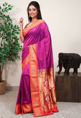 Magenta with Orange Border Paithani Pure Silk Saree With Blouse Piece - Adi Akshoy & Co.