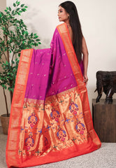 Magenta with Orange Border Paithani Pure Silk Saree With Blouse Piece - Adi Akshoy & Co.