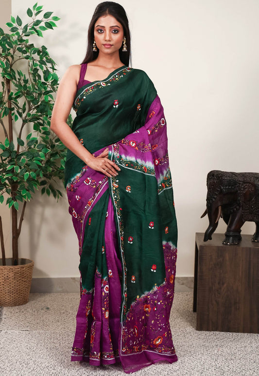 Bottle Green Kantha Pure Silk Saree With Blouse Piece - Adi Akshoy & Co.