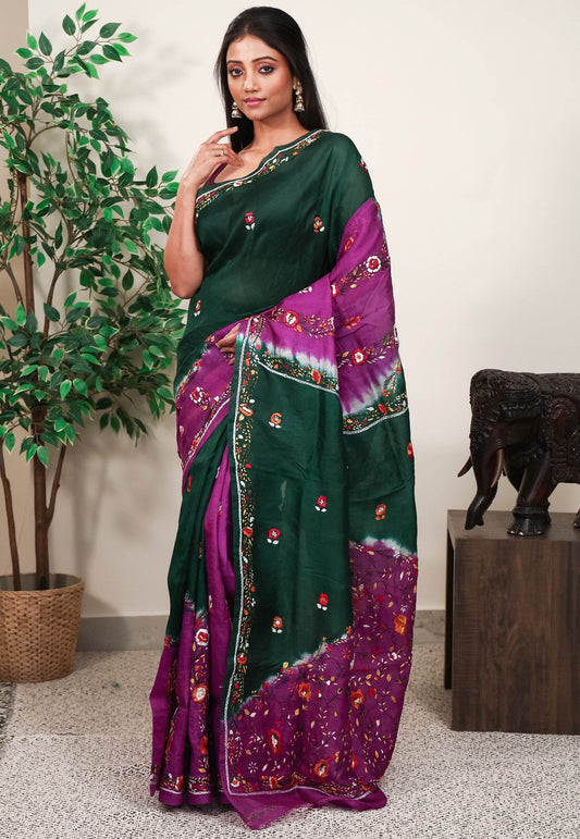 Bottle Green Kantha Pure Silk Saree With Blouse Piece - Adi Akshoy & Co.