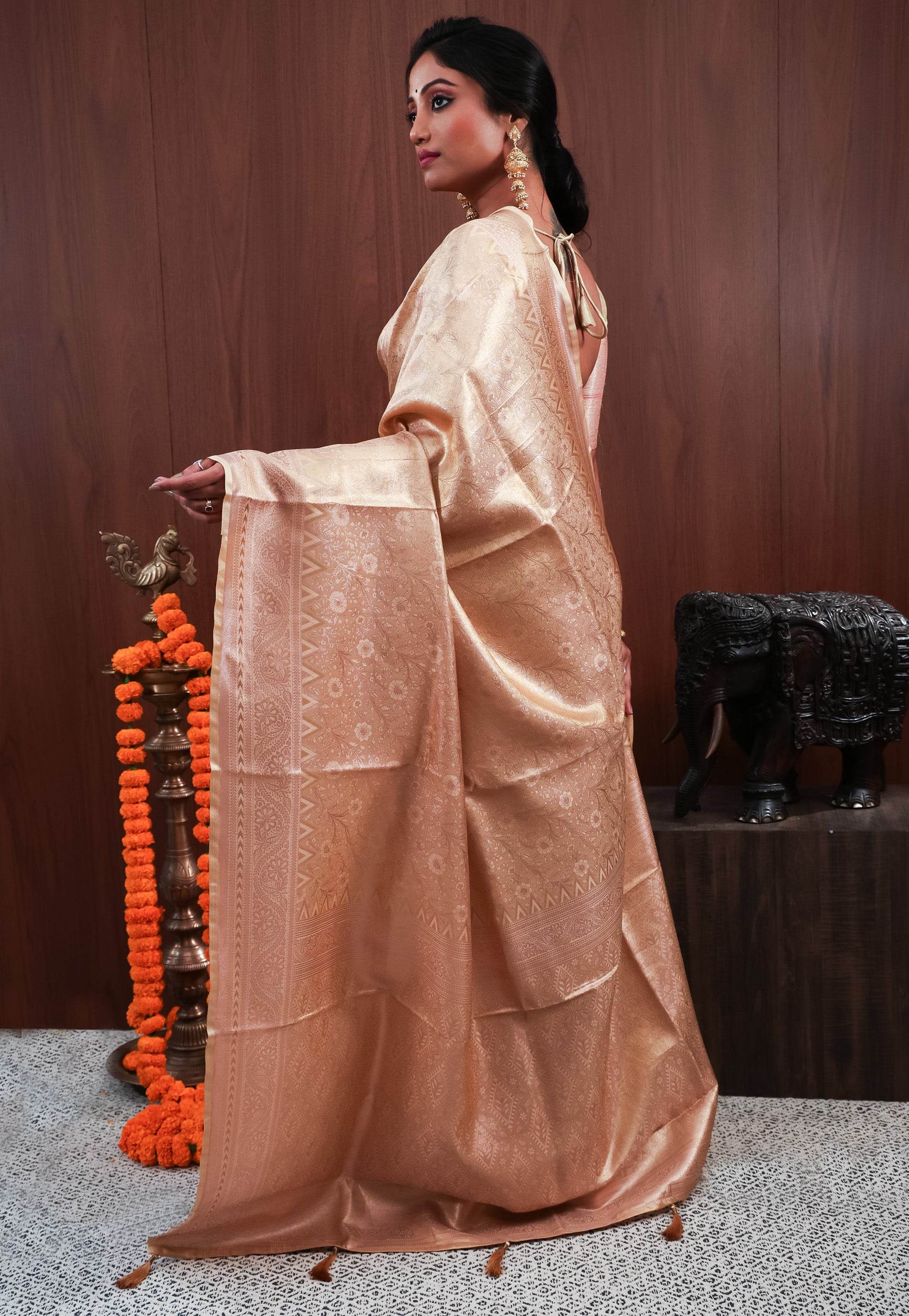 Beige Tissue Silk Saree With Blouse Piece - Adi Akshoy & Co.