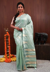 Sea Green Tissue Silk Saree With Blouse Piece - Adi Akshoy & Co.