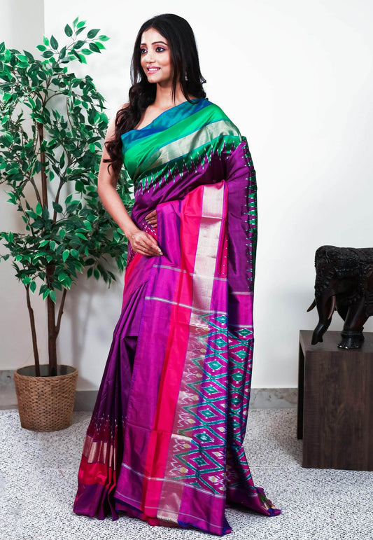 Purple with Ganga-Jamuna Border (Green and Rani Pink) Handloom Ikkat Saree With Blouse Piece - Adi Akshoy & Co.