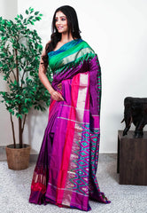 Purple with Ganga-Jamuna Border (Green and Rani Pink) Handloom Ikkat Saree With Blouse Piece - Adi Akshoy & Co.