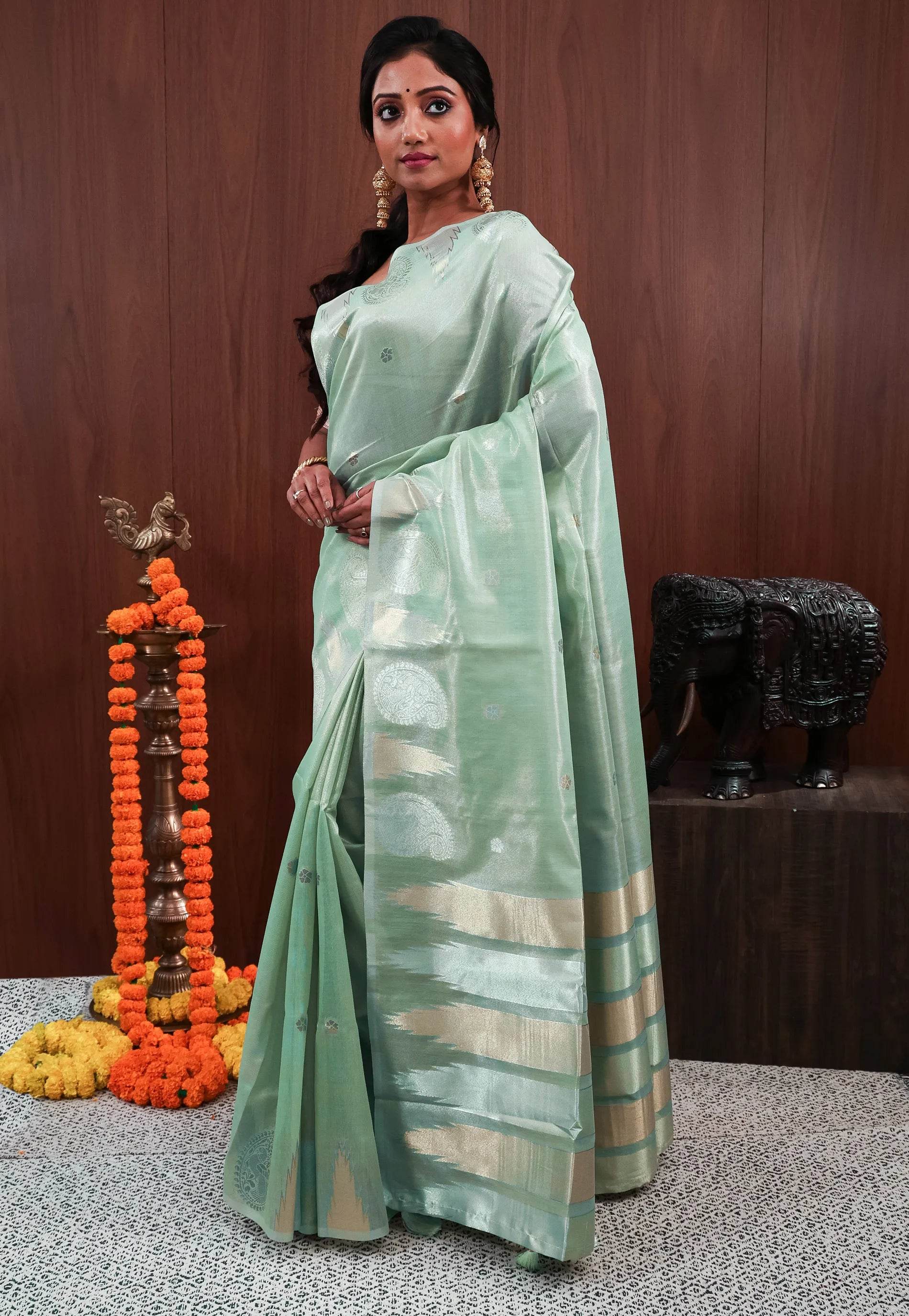 Sea Green Tissue Silk Saree With Blouse Piece - Adi Akshoy & Co.