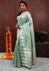 Sea Green Tissue Silk Saree With Blouse Piece - Adi Akshoy & Co.