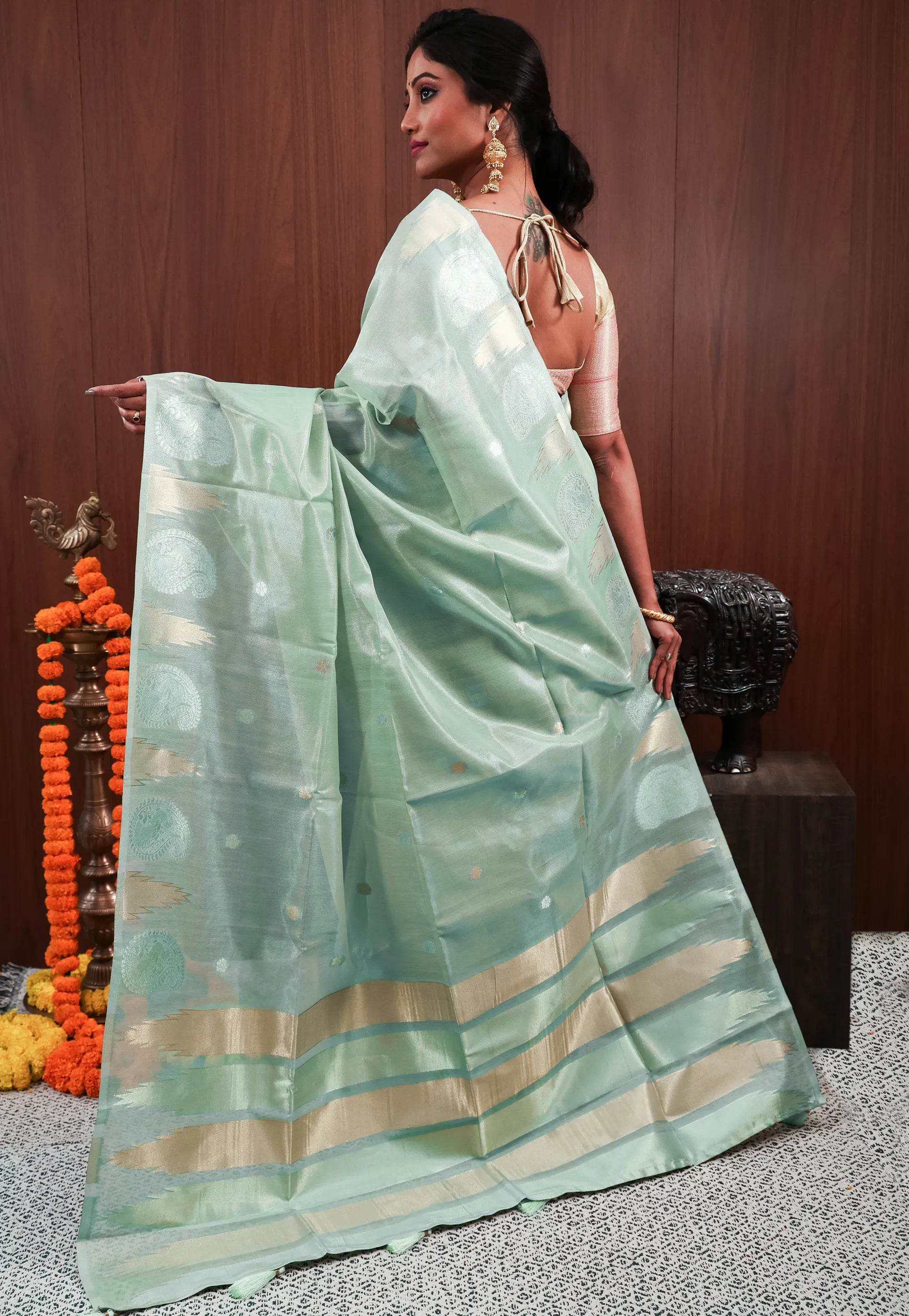 Sea Green Tissue Silk Saree With Blouse Piece - Adi Akshoy & Co.