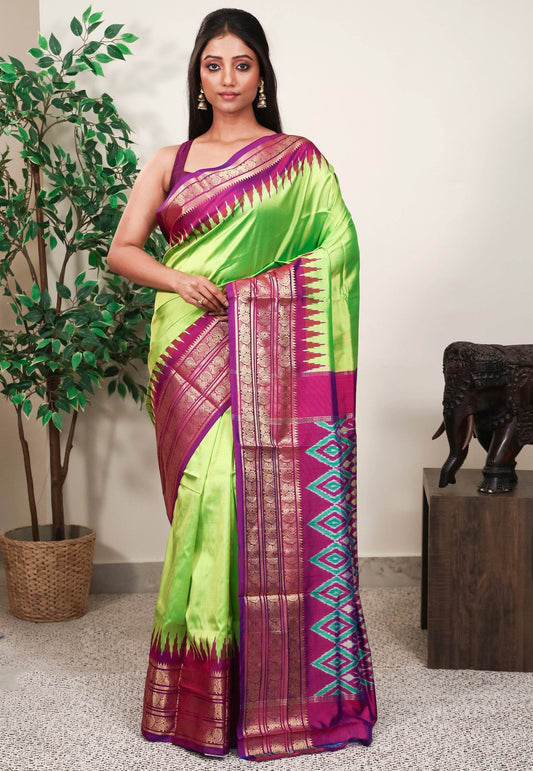 Neon Green with Magenta Kanjivaram Border Ikkat Pure Silk Saree With Blouse Piece - Adi Akshoy & Co.