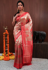 Red Tissue Silk Saree With Blouse Piece - Adi Akshoy & Co.