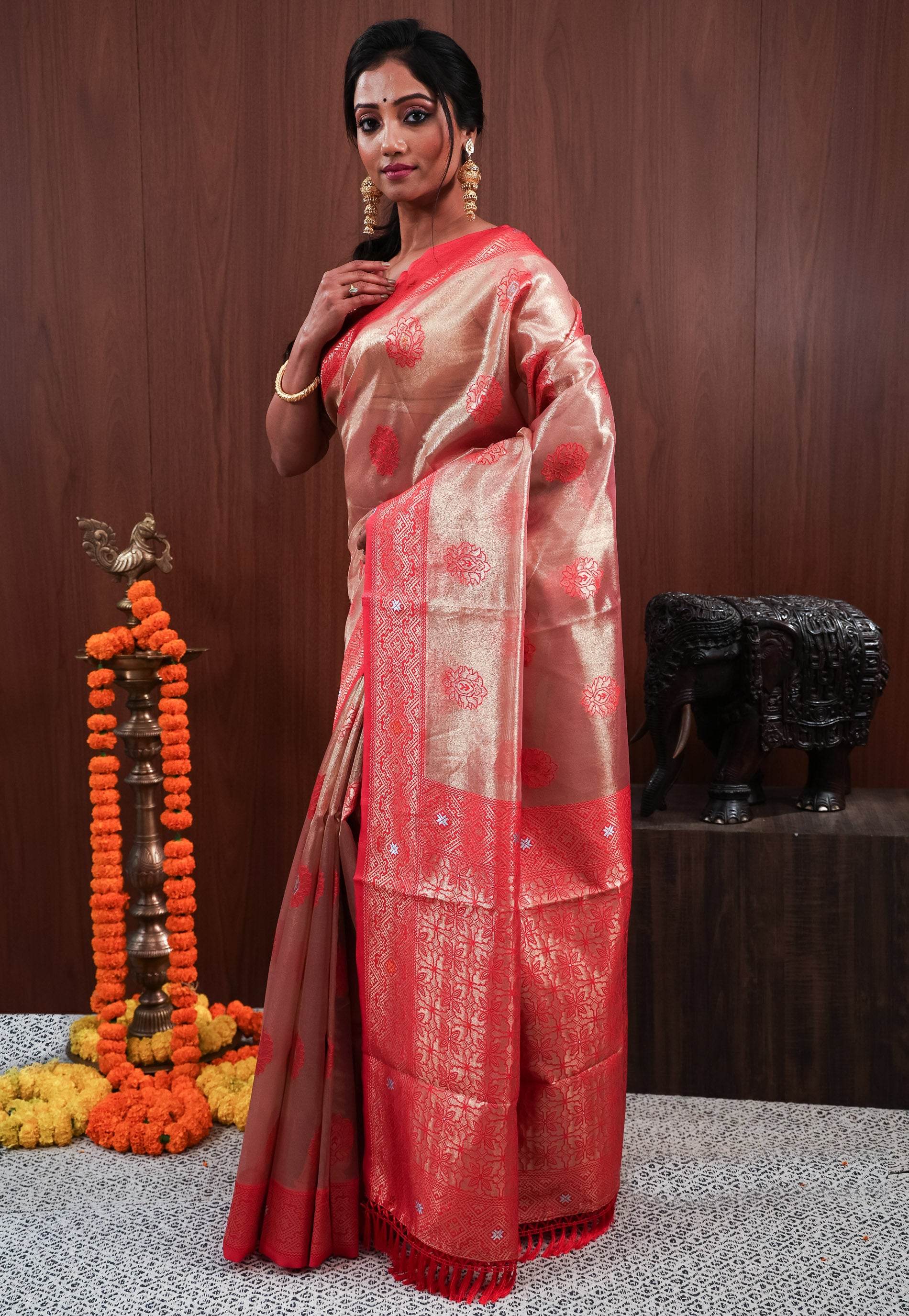 Red Tissue Silk Saree With Blouse Piece - Adi Akshoy & Co.