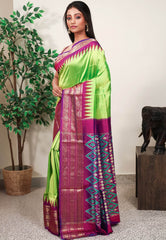 Neon Green with Magenta Kanjivaram Border Ikkat Pure Silk Saree With Blouse Piece - Adi Akshoy & Co.