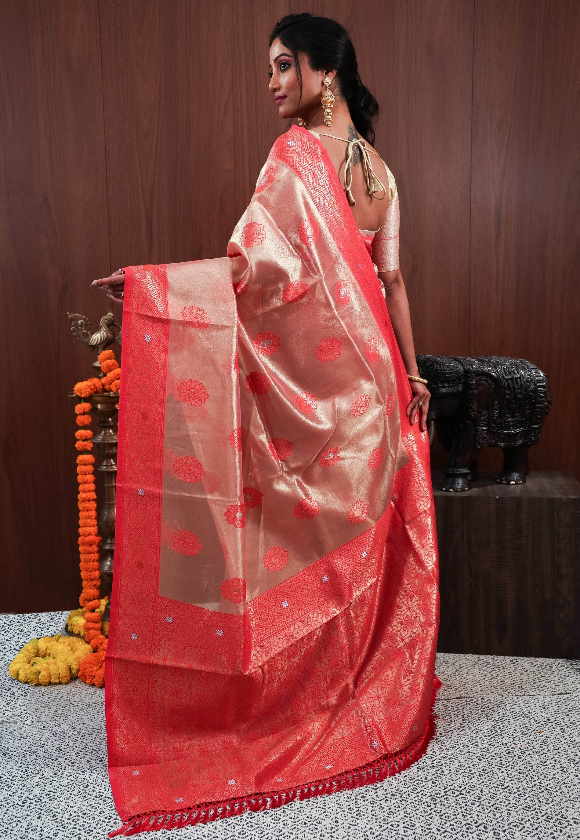 Red Tissue Silk Saree With Blouse Piece - Adi Akshoy & Co.