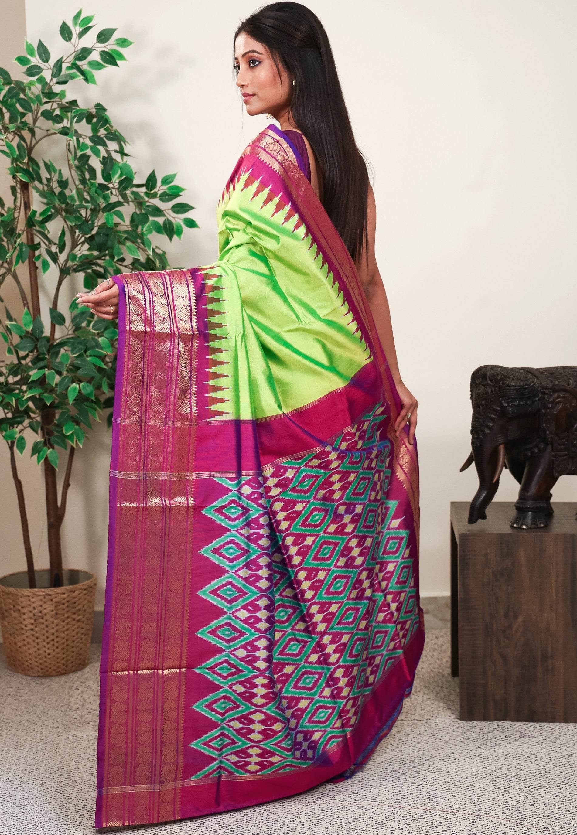 Neon Green with Magenta Kanjivaram Border Ikkat Pure Silk Saree With Blouse Piece - Adi Akshoy & Co.