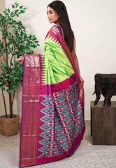 Neon Green with Magenta Kanjivaram Border Ikkat Pure Silk Saree With Blouse Piece - Adi Akshoy & Co.