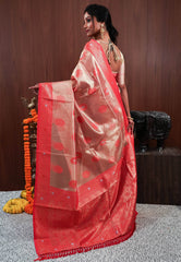Red Tissue Silk Saree With Blouse Piece - Adi Akshoy & Co.