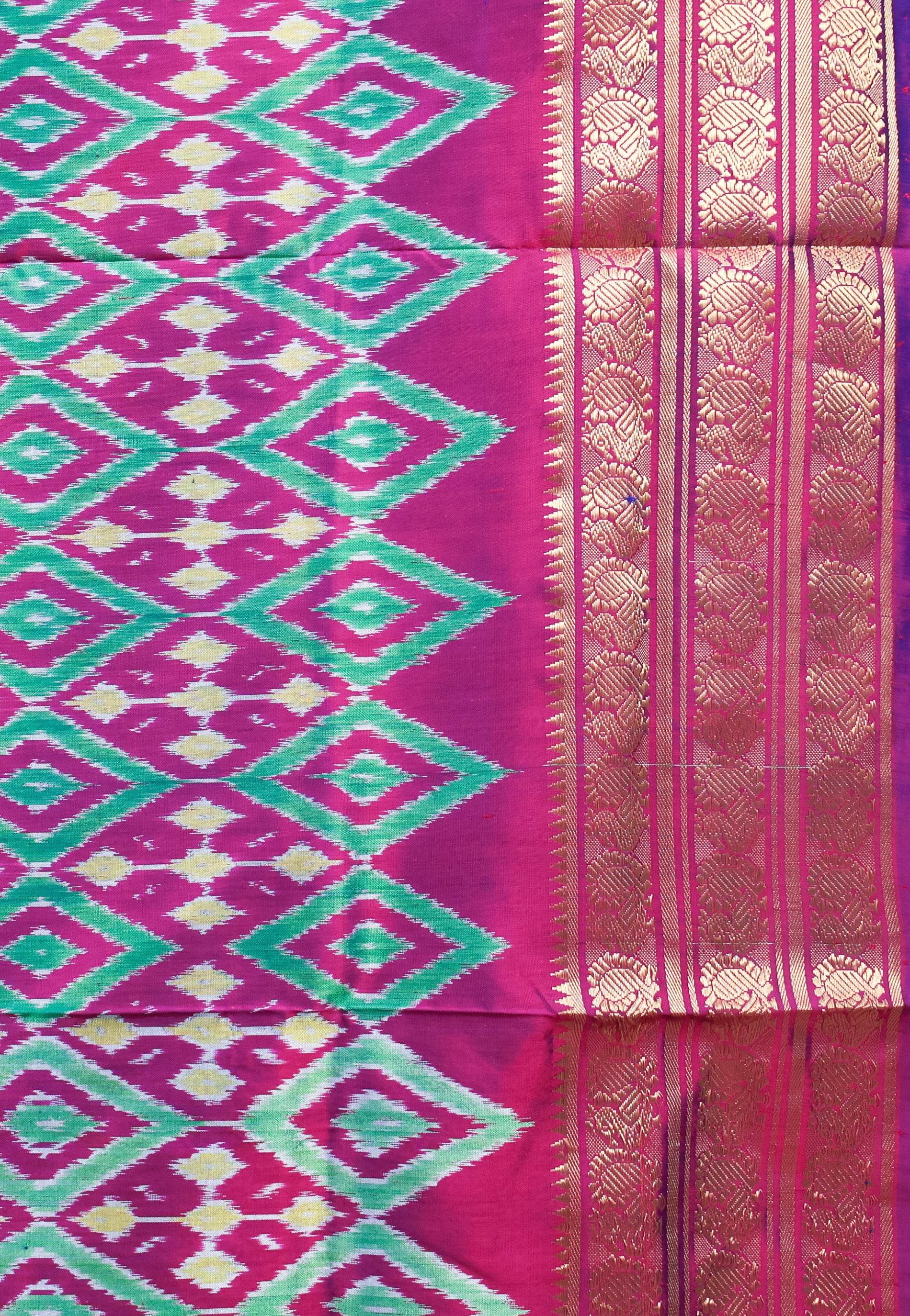 Neon Green with Magenta Kanjivaram Border Ikkat Pure Silk Saree With Blouse Piece - Adi Akshoy & Co.