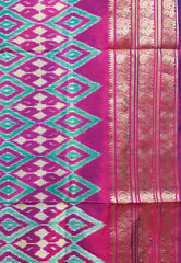 Neon Green with Magenta Kanjivaram Border Ikkat Pure Silk Saree With Blouse Piece - Adi Akshoy & Co.