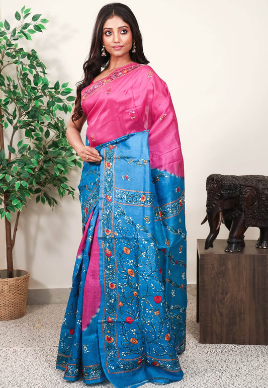 Rani Pink Kantha Pure Silk Saree With Blouse Piece - Adi Akshoy & Co.