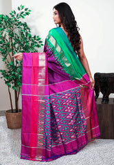 Purple with Ganga-Jamuna Border (Green and Rani Pink) Handloom Ikkat Saree With Blouse Piece - Adi Akshoy & Co.