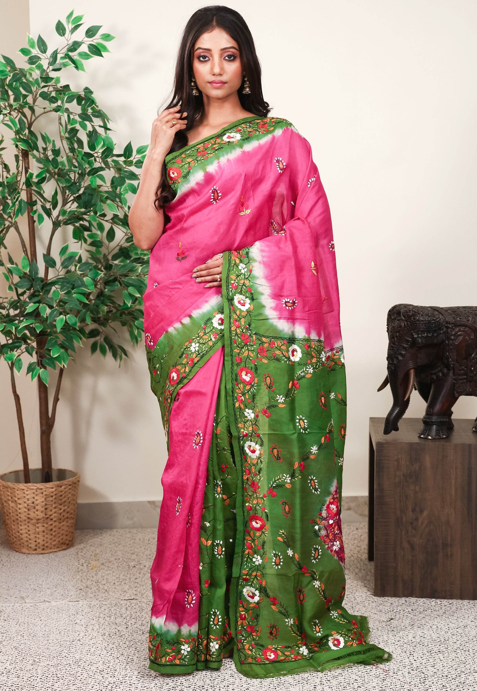 Rani Pink Kantha Pure Silk Saree With Blouse Piece - Adi Akshoy & Co.