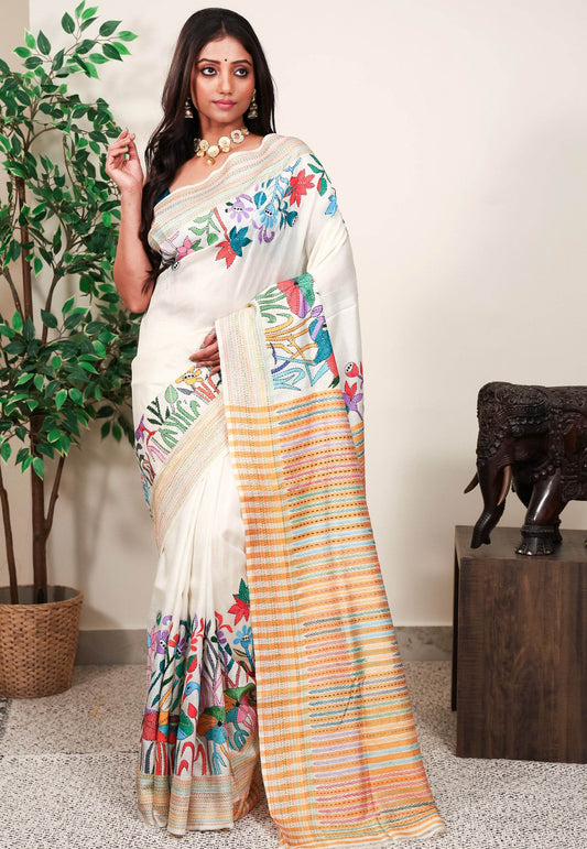 Off White Kantha Pure Silk Saree With Blouse Piece - Adi Akshoy & Co.