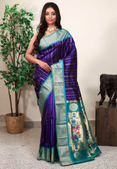 Blue with Rama Green Border Paithani Pure Silk Saree With Blouse Piece - Adi Akshoy & Co.