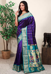 Blue with Rama Green Border Paithani Pure Silk Saree With Blouse Piece - Adi Akshoy & Co.