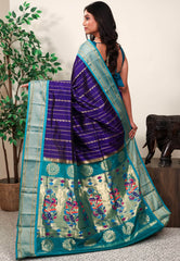 Blue with Rama Green Border Paithani Pure Silk Saree With Blouse Piece - Adi Akshoy & Co.