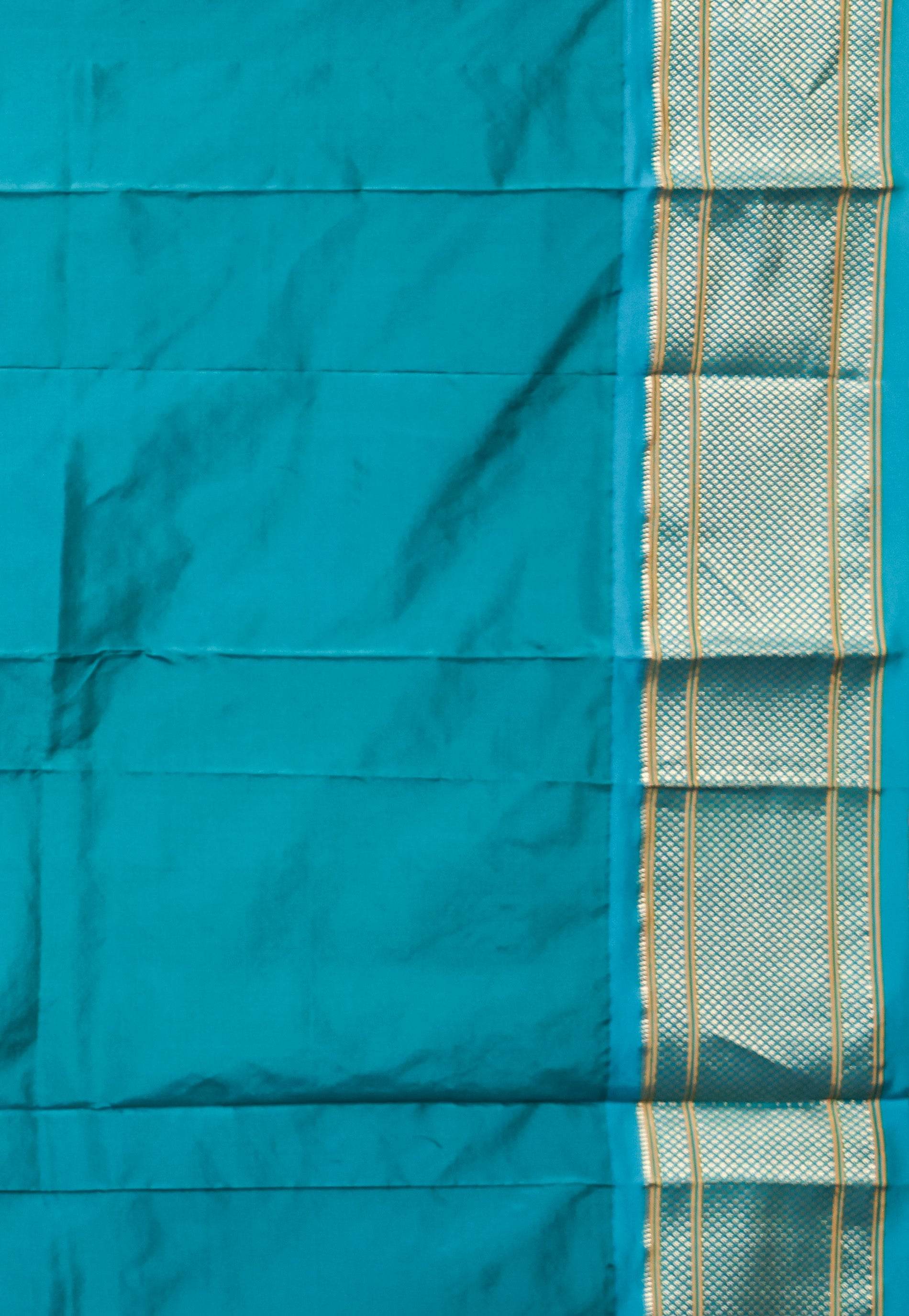 Blue with Rama Green Border Paithani Pure Silk Saree With Blouse Piece - Adi Akshoy & Co.