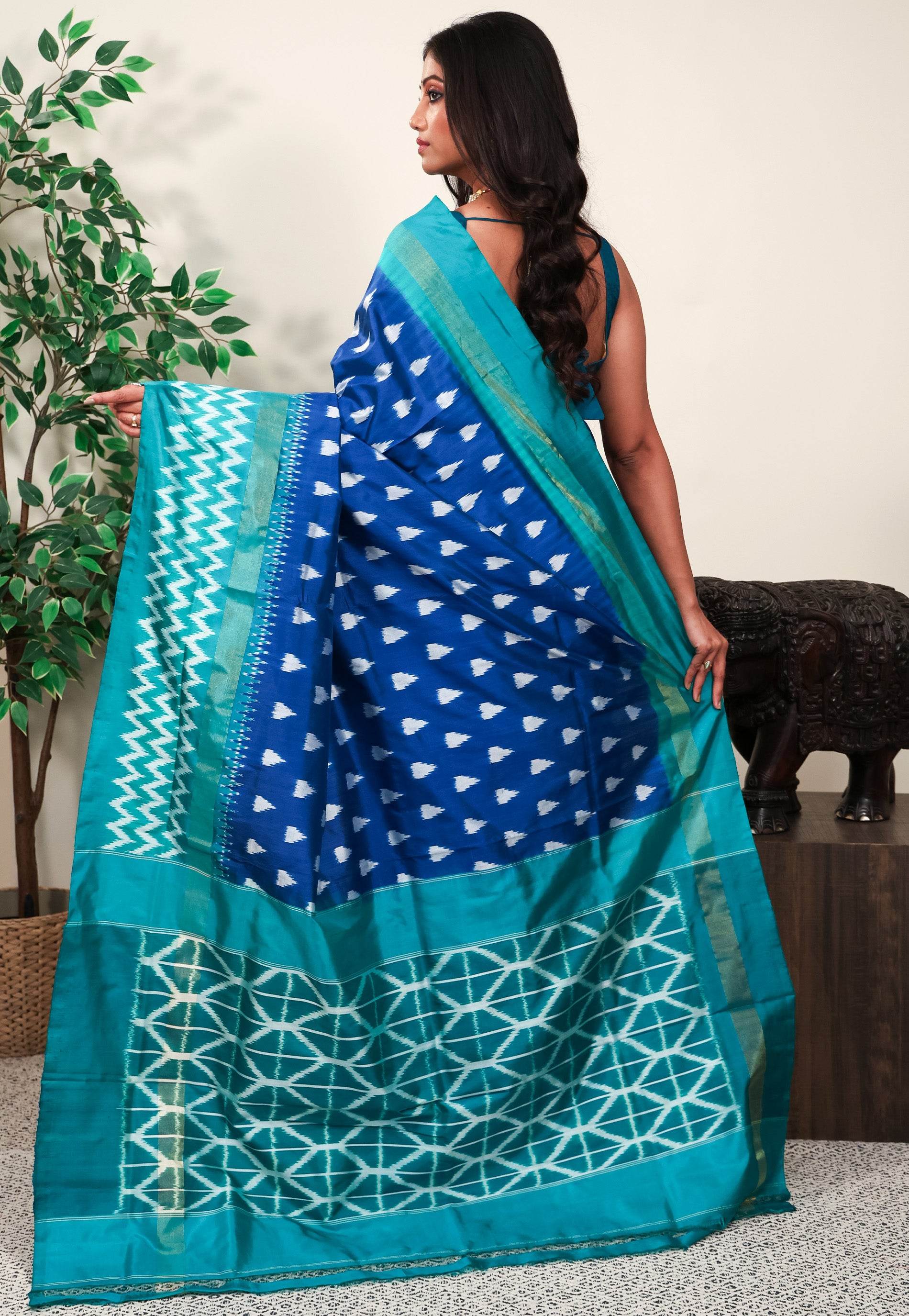 Turquoise Blue with Rama Green Border Ikkat Pure Silk Saree With Blouse Piece - Adi Akshoy & Co.