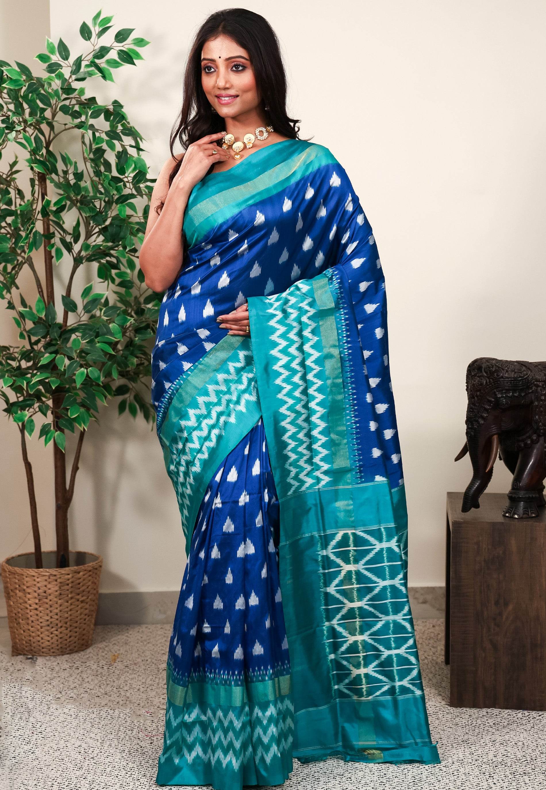 Turquoise Blue with Rama Green Border Ikkat Pure Silk Saree With Blouse Piece - Adi Akshoy & Co.