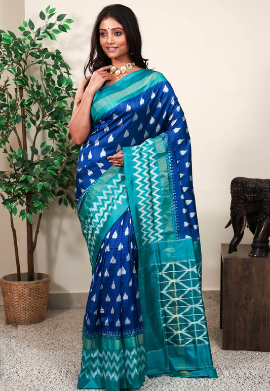 Turquoise Blue with Rama Green Border Ikkat Pure Silk Saree With Blouse Piece - Adi Akshoy & Co.